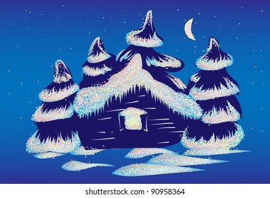 Vector illustration of a small sweet house with spangled snowy roof on night with trees.