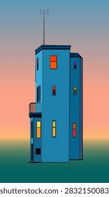 A vector illustration of a small, three-story blue building featuring balconies, a vintage antenna, and multicolored windows, set against a sunset background. Suitable for designs emphasizing beauty and coziness.