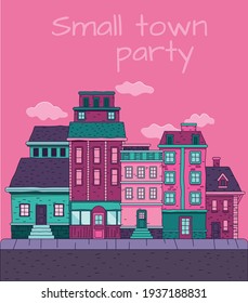 vector illustration of small town of bright colours with bold rough lines, green and purple colour scheme, party colour scheme