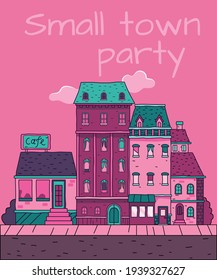 vector illustration of small town in bright colours, purple and green contrast color scheme, party colour