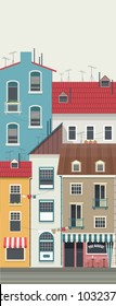 vector illustration of a small town with colorful facades city street