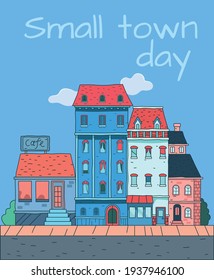 vector illustration small town day time, illustration of building in orange and blue colour scheme. contrast color palette