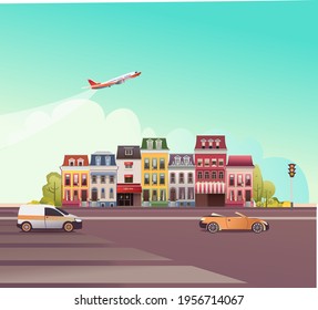vector illustration, small town landscape panoramic view next to park area, trees and road with transport