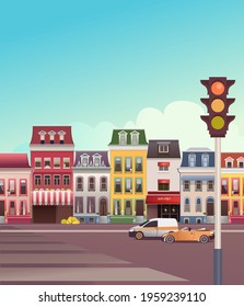 vector illustration, small town landscape panoramic view next to park area, trees and road with transport on white background