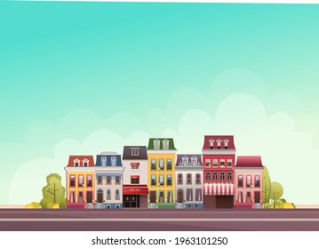 vector illustration, small town landscape panoramic view next to park area, trees and road with transport