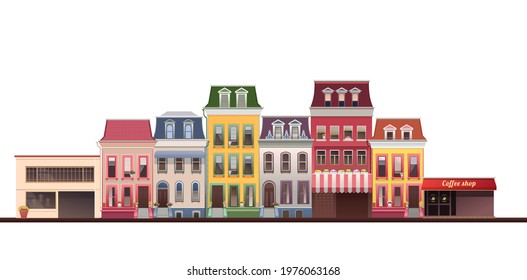 vector illustration, small town landscape panoramic view next road on white background
