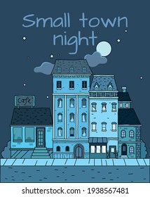 vector illustration small town in night, building in night dark blue colours