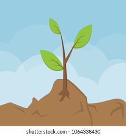 vector illustration small tree sprout growth in the soil and blue cloud sky summet background