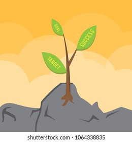 vector illustration small tree sprout growth in the soil and yellow orange cloud sky fall or autumn background. leave business plan, target, success, and goal