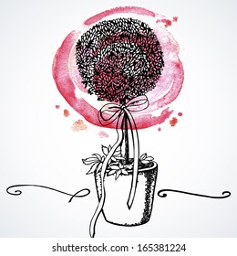 Vector illustration of a small tree in a vase and watercolor background. Vector illustration. Element for print design. 