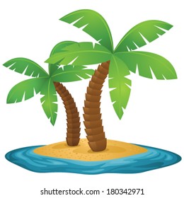Vector illustration of a small tropical island with two palm trees surrounded by a blue ocean.