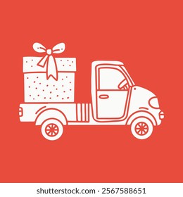 Vector illustration of small truck carrying a large gift box with ribbon in hand-drawn style. Perfect for holiday delivery, celebration, and gift-themed designs.