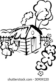 Vector illustration of small village house and yard around