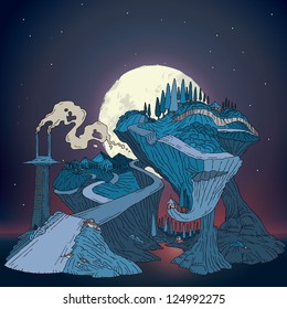 Vector illustration of small village landscape at night