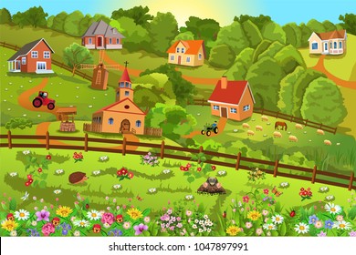 Vector illustration of a small village on hills with lots of flowers all around