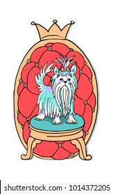 Vector illustration. A small  violet terrier on a royal throne with a crown. For greeting cards, posters, banners,for decorating dog shows and parties, pet shops. grooming,