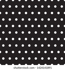 Vector illustration of small white polka dots on black background. Seamless classic retro pattern for textile printing or web. Flat design.