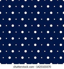 Vector illustration of small white polka dots on black blue background. Seamless classic retro pattern for textile printing or web. Flat design.