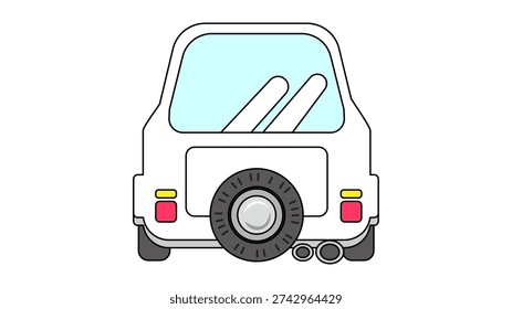 A vector illustration of a small white vehicle seen from the back, featuring a spare tire and twin mufflers.