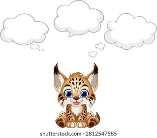 Vector illustration of a small wild cat thinking with empty speech clouds above.