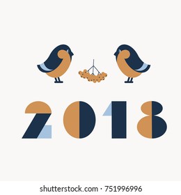 a vector illustration of small winter birds as a symbol of winter holidays; a flat card or poster with bullfinches and ash berries for 2018 New Year holidays congratulation and celebration; 