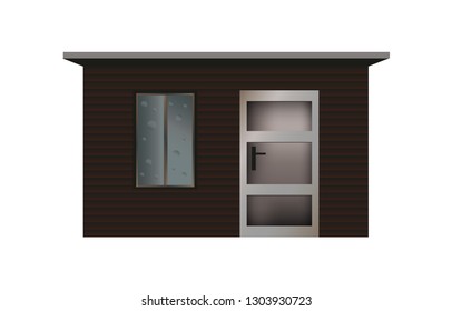 Vector illustration of small wooden garden shed with window and door for garden furniture and tools or a summer flat and apartment isolated on a white background.