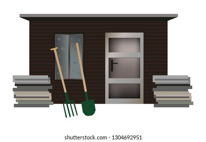 Vector Illustration Of Small Wooden Garden Shed With Pitchfork And Shovel Isolated On A White Background.