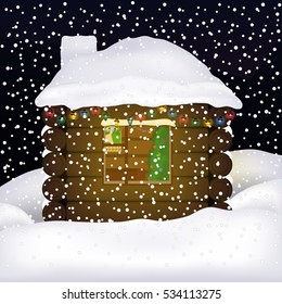 Vector illustration of small wooden house in the snow. Winter night landscape. Christmas lights and christmas tree. 