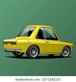 a vector illustration of a small, yellow, vintage car with a green background, highlighting its compact design and classic appeal