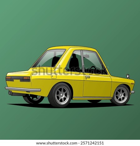 a vector illustration of a small, yellow, vintage car with a green background, highlighting its compact design and classic appeal