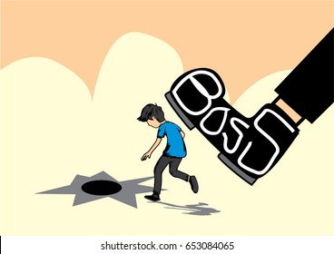 Vector Illustration of Small Young Employees kicked out by a big boss shoes.