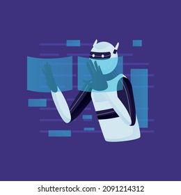 Ilustración vectorial del robot inteligente de inteligencia artificial que envía mensajes de texto a una computadora aislada en un fondo morado.