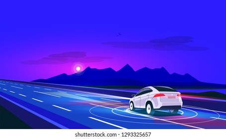 Vector Illustration Of Smart Autonomous Driverless Electric Car Driving On Highway In Nature Mountain Landscape. Lonely Ride At Night With Empty Road. Autopilot Radar Sensors Scanning Distance. 