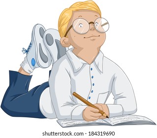Vector illustration of a smart blond boy writing in a notebook. 