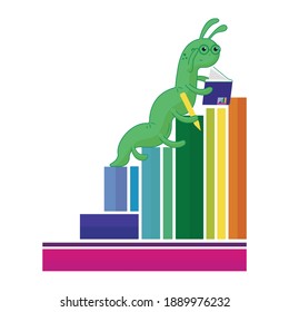 vector illustration of a smart bookworm. love of reading and books. a bright illustration for book lovers. The caterpillar reads the book and becomes smarter. he goes up the stairs.