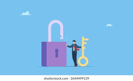 Vector illustration of smart businessman holding golden key to unlock the pad. Symbol of solve business problem, professional to give solutions, success business key or unlock business accessibility.