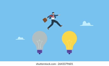 Vector illustration of smart businessman jump from old to new shiny lightbulb idea. Business transformation, change management or transition to better innovative company, improvement and adaptation.