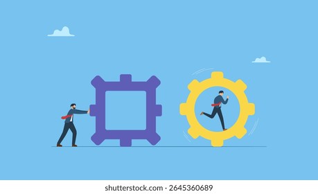 Ilustração vetorial de um homem de negócios inteligente correndo dentro de uma engrenagem. Simboliza a maneira eficiente de ganhar negócios, criatividade ou esforço para melhorar, solução ou desafio para superar.