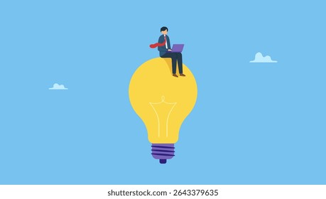 Vector illustration of smart businessman working with computer laptop on bright light bulb idea. Symbol of creative idea to solve work problem, success discover new innovation, Entrepreneur solution.