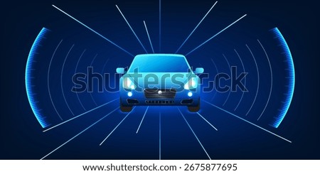 Vector illustration of a smart car with autonomous driving system, radar waves,  navigation, and futuristic city background, representing the future of automotive industry and self-driving technology