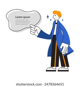 Vector illustration of a smart, casual blonde man in a lab coat, featuring a relaxed pose. Includes a text placeholder, ideal for marketing, advertising, and business use.