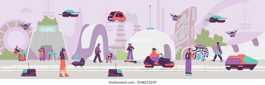 Vector illustration of smart city of the future with characters, strange buildings, flying machinery and robots. Digital and real social life. Progress concept. Flat cartoon style.