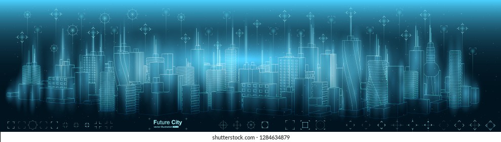 Vector illustration of the smart city with intelligent building with icon set. Design for wireless communication technology. Isometric vector concept. Wireframe geometry on dark blue background.