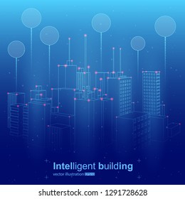 Vector illustration of the smart city with intelligent building. Design for technology. Glow abstract design with red dots. Isometric vector concept. Wireframe geometry on dark blue background.