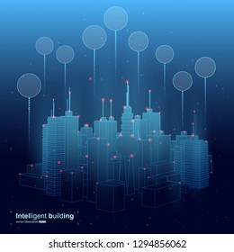 Vector illustration of the smart city with intelligent building. Design for wireless technology. Abstract design with red dots. Isometric vector concept. Wireframe geometry on dark blue background.