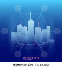 Vector illustration of the smart city with intelligent building. Design for wireless technology. Glow abstract design with red line. Isometric vector concept. Wireframe on dark blue background.