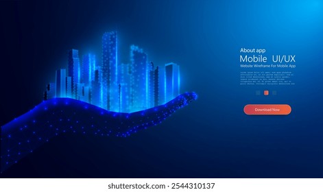 Ilustração vetorial de um horizonte de uma cidade inteligente segurada em uma mão aramado digital, simbolizando tecnologia futurista, inovação urbana e desenvolvimento sustentável. Perfeito para temas de cidades inteligentes,