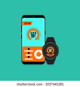 Vector illustration of a smart clock and smartphone with fitness supplement isolated on a light background.