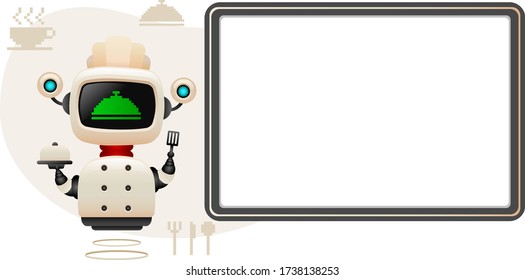 Vector illustration of smart cooking chief robot with signboard.