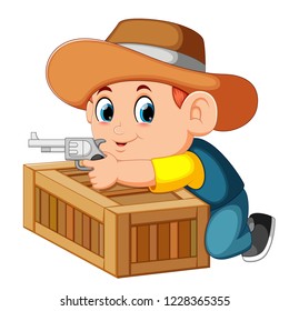 Vector illustration of Smart cowboy holding his gun and behind the box